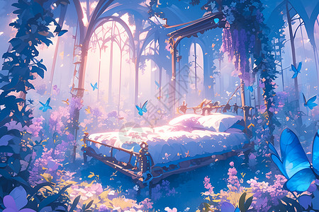 仙境中的床铺背景图片
