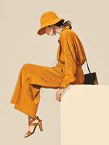 模特时尚带着黄色帽子的女孩插画