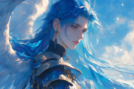 蓝色飞翔的翅膀蓝色长发的天使插画