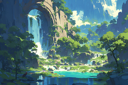 丛林仙境仙境中的瀑布之旅插画
