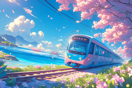 嘉阳小火车小火车穿过盛开的花海插画