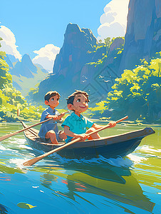 两个男孩在江河中划船背景图片