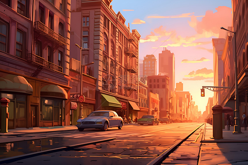 日出时的城市街景图片