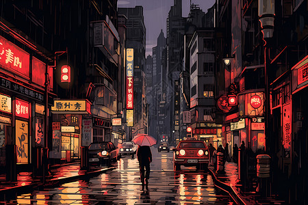 雨中城市雨中漫步的行人插画