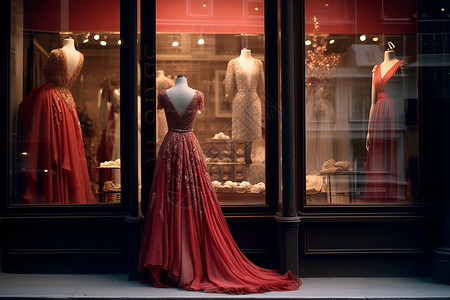 售卖红色礼服的商店高清图片