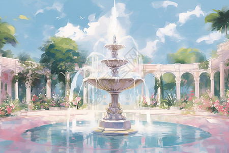 喷泉水柱花园中的美丽喷泉插画