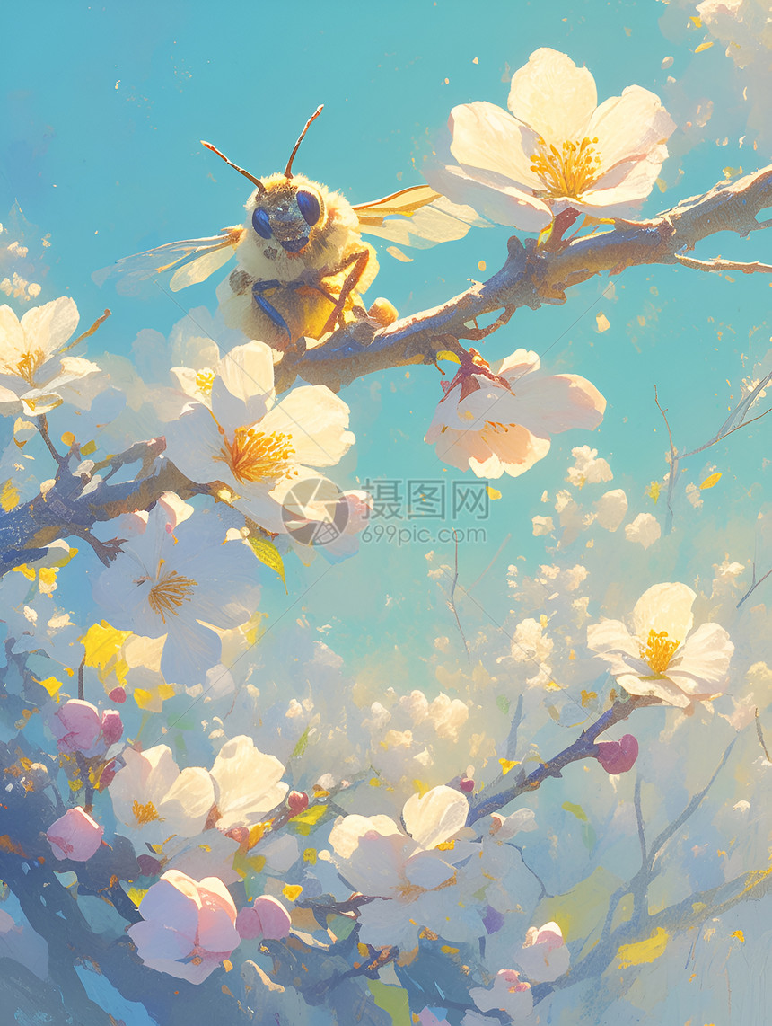 蜜蜂在桃花间授粉图片