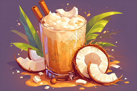 冷饮奶茶杯子里的椰子冷饮插画