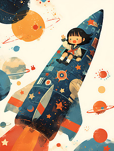 航空意外太空之旅的女孩插画
