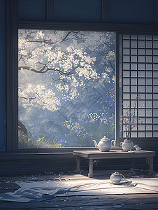 木桌上的蓝白瓷茶壶高清图片