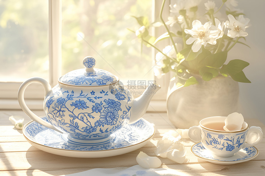 美丽的蓝白瓷茶壶图片