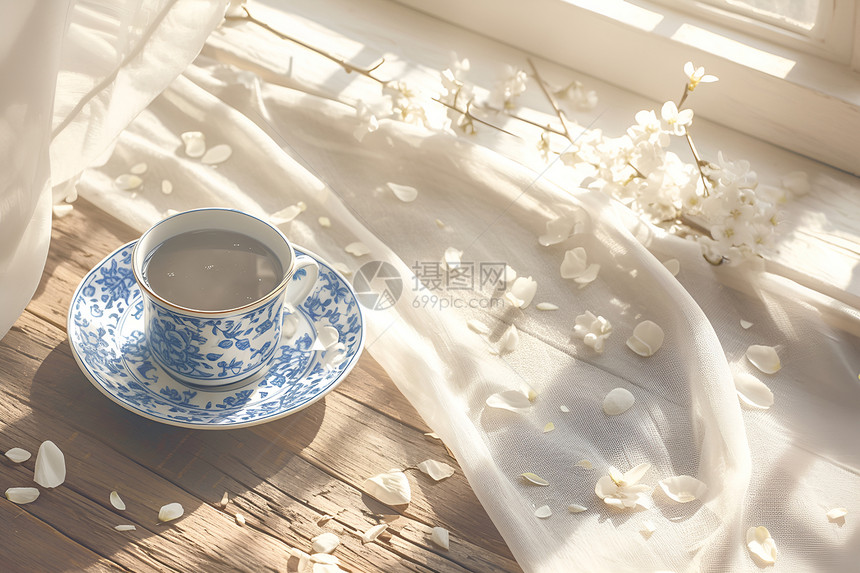 蓝白色的茶具图片