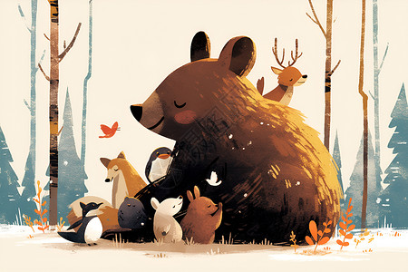 森林中的熊与其他动物玩耍高清图片