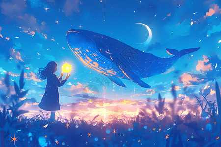 星空下的奇幻少女与鲸鱼背景图片