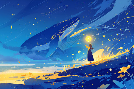 鲸鱼与少女夜晚星空下的少女和鲸鱼插画
