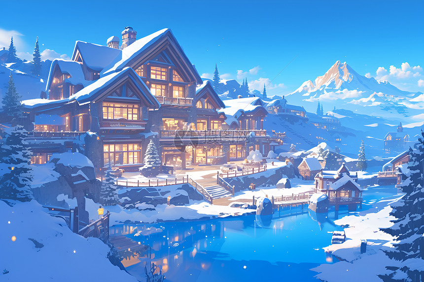 雪山别墅下的风景图片