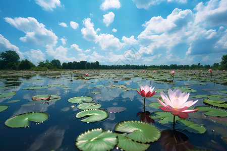 风景插画背景湖面上的莲花背景