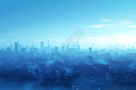 阳台看风景雾中的蓝色现代城市插画