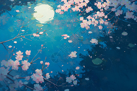 花瓣图片月光倒影在水中插画
