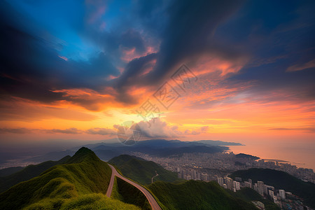 卡通夜晚山脉夕阳时的山脉和城市背景