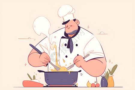 卡通制作烹饪美食的厨师插画