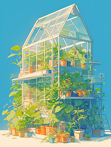 月见草温室玻璃花房里的绿色植物插画