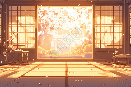 榻榻米坐垫日式住房里的阳光插画