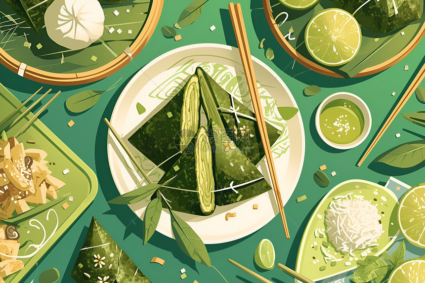 绿粽装饰和食物图片