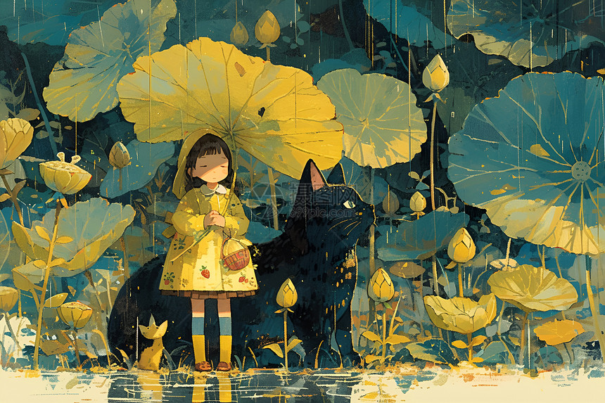 雨中的女孩插画图片