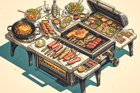 烤羊蹄烤架上的美味食物插画