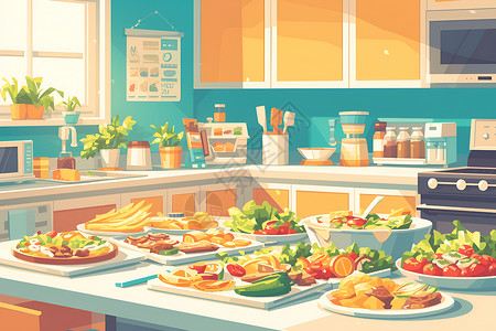 橱柜展厅厨房的营养餐插画
