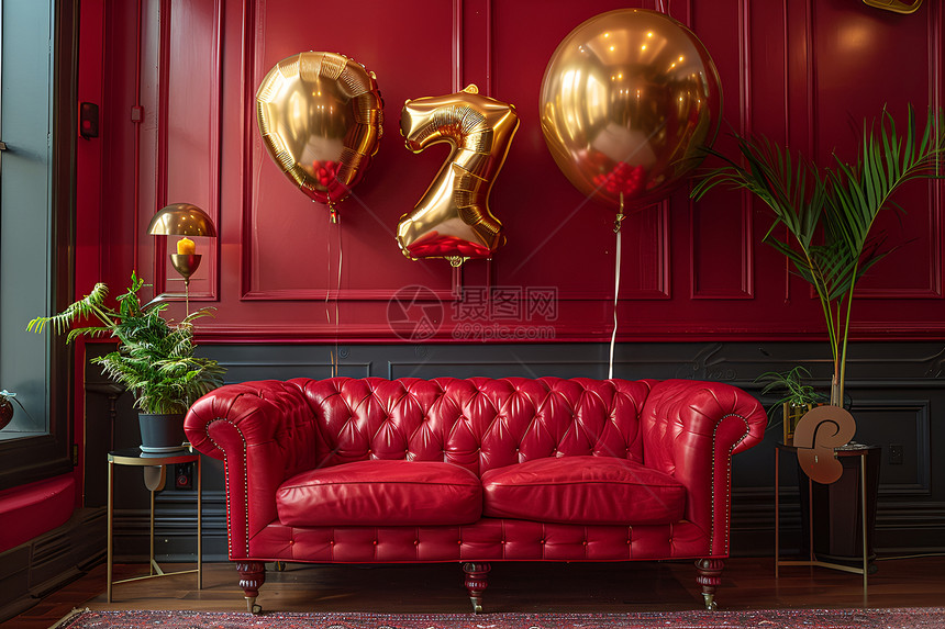 沙发上的金色气球图片