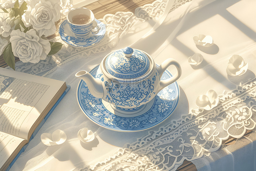 丝绸桌布上的茶壶图片