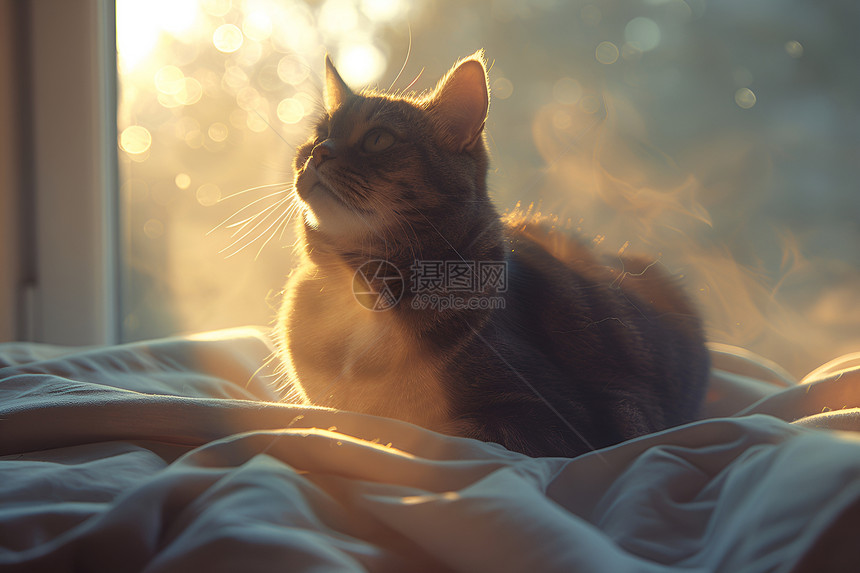 窗外的阳光倾洒在猫咪身上图片
