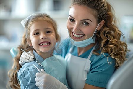 微笑牙齿女孩与女牙医共同微笑背景