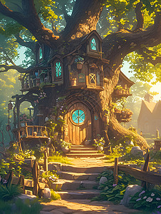 阳光里的树屋背景图片