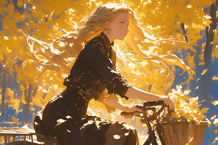 单车女骑自行车的长发女插画