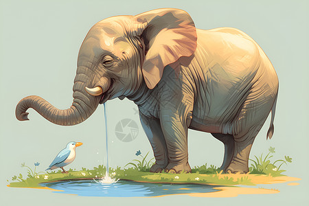 大象与鸟站在水坑旁高清图片