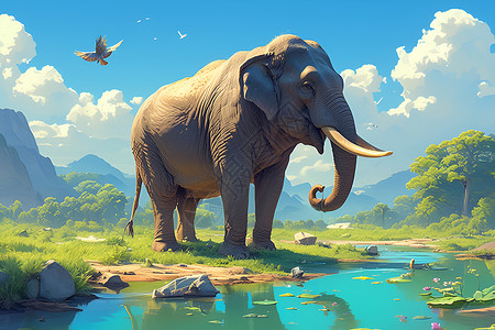 河流边的大象图片素材
