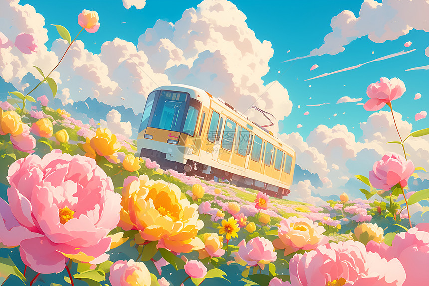 花海中的火车梦境图片