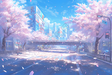樱花飘落的街景高清图片