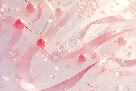 母情节背景粉红丝带与樱桃的轻幻情节樱桃喷泉插画