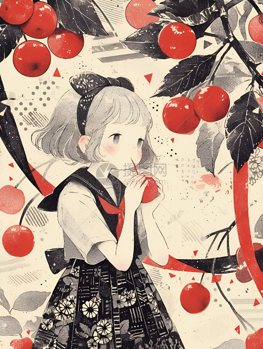 少女与樱果树图片