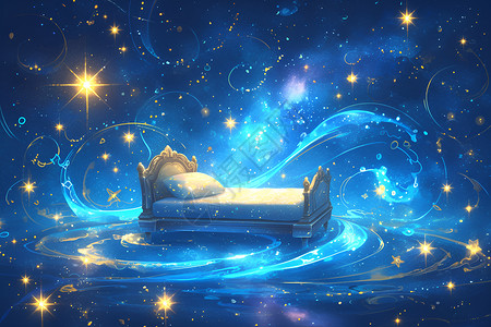 童话梦境星空中的床插画