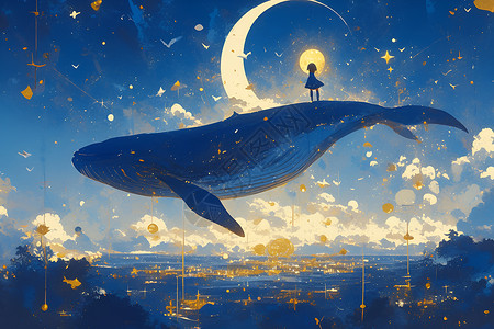 翱翔小女孩鲸鱼背上的小女孩插画