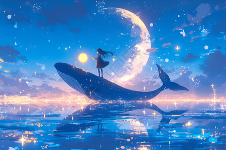 翱翔小女孩少女与鲸鱼插画