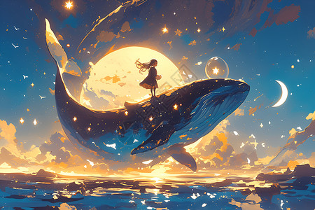 翱翔小女孩少女驾驭着鲸鱼插画