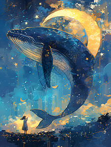 夜空中的梦幻巨鲸背景图片