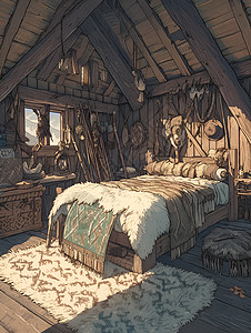 客房床铺房间里的小木床插画