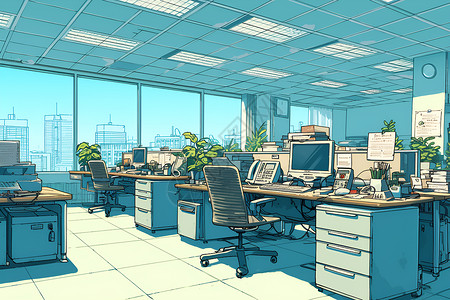 大量工作台与电脑绿植背景图片